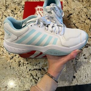 K-Swiss White and Light Blue Sneakers